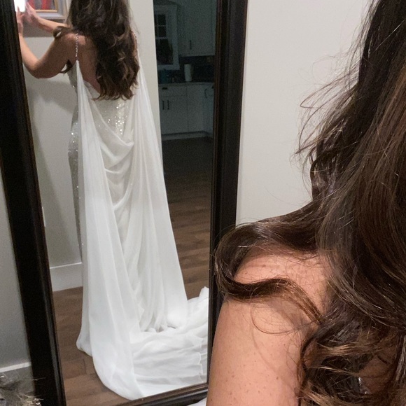 Sherri Hill Size 2 White Beaded with long cape - Picture 3 of 6